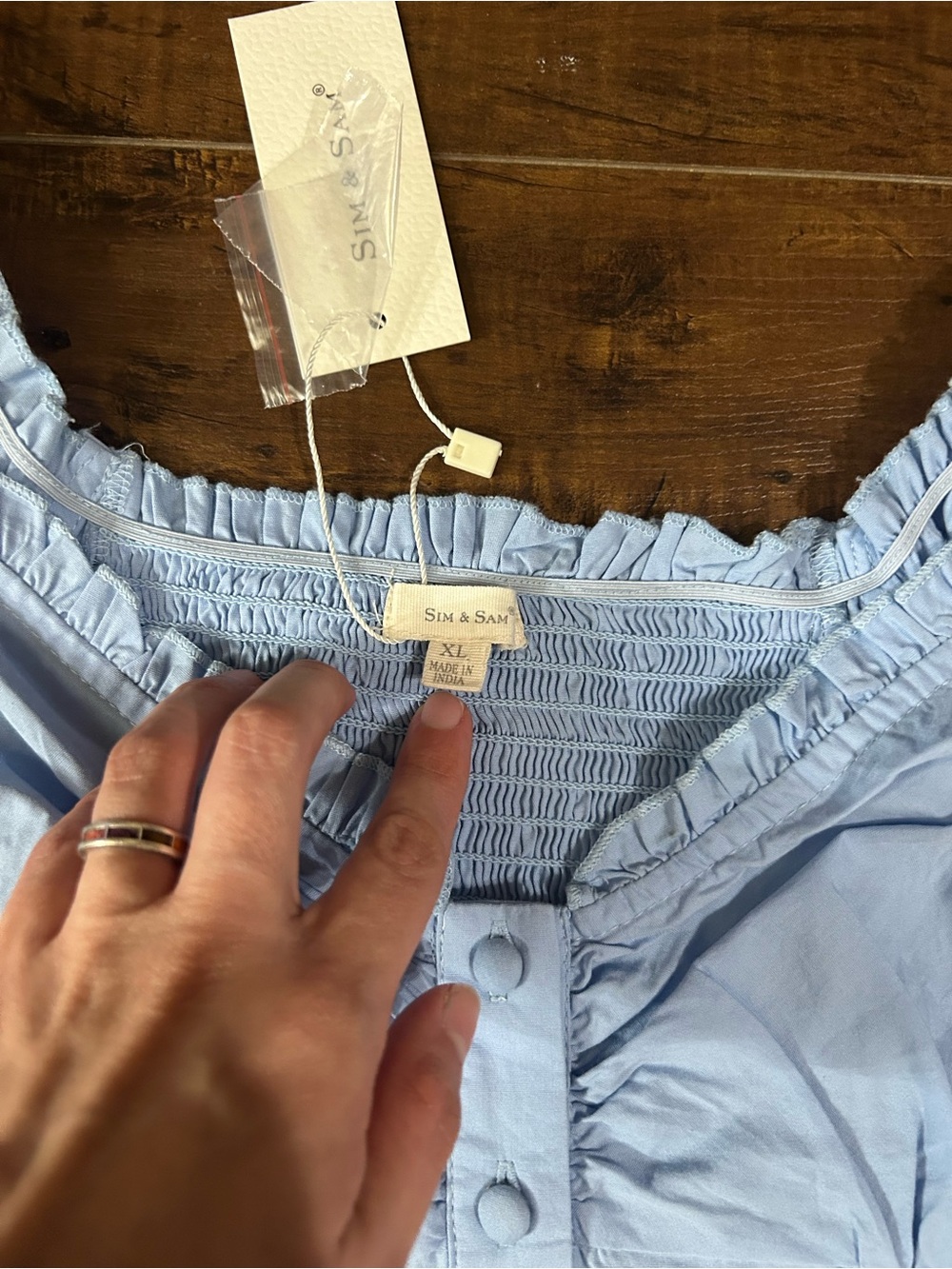 Smocked Ruffle Button-Front Women’s Top — Light Blue - Picture 3 of 3